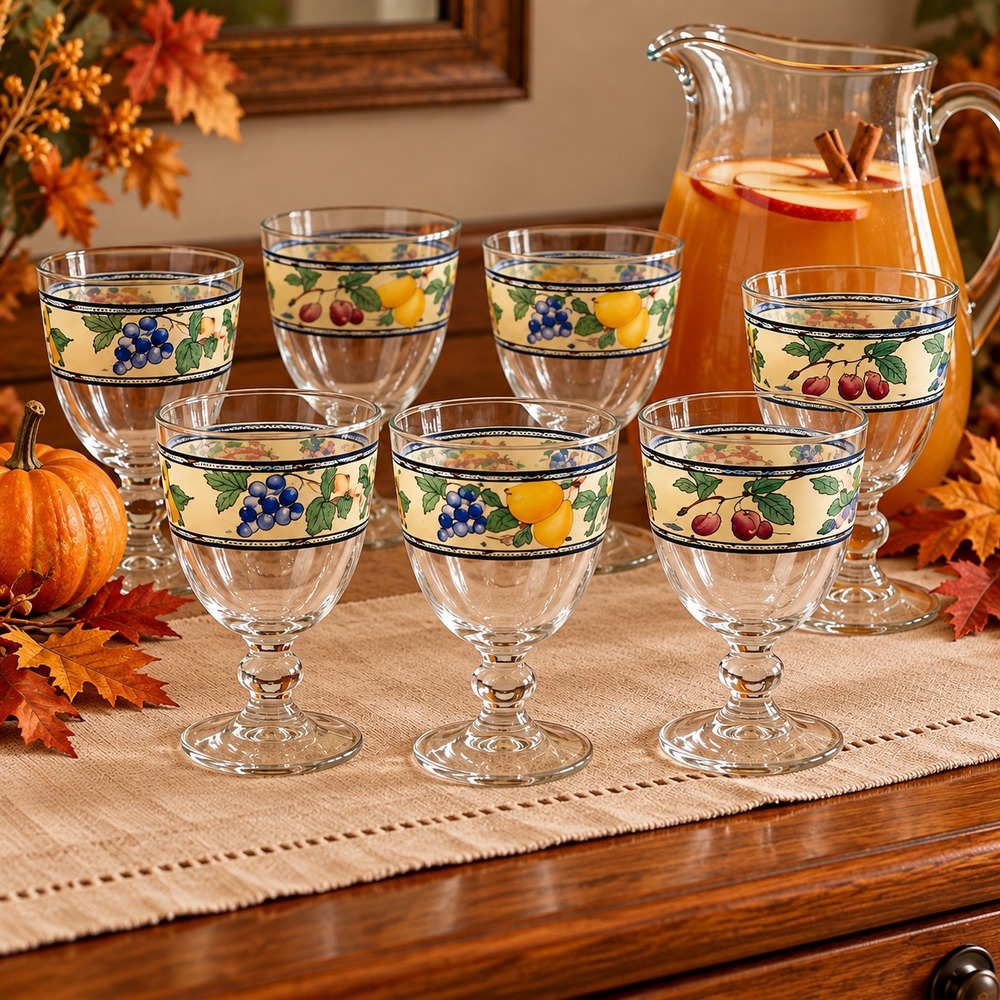 VTG Set of 6 Mikasa Garden Harvest Water Goblet Drinkware Pear Grape Blueberry